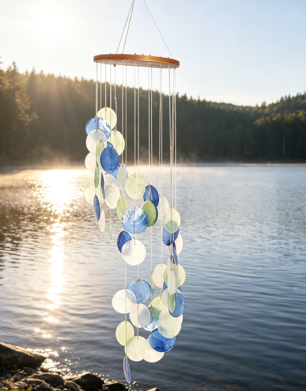 Shell Spiral Waterfall Windchime, 6" x 6" x 31", Tan