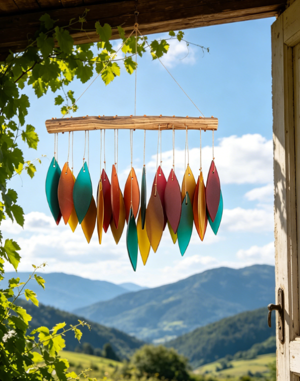 Handcrafted Wind Chime, Sandblasted Glass with Found Wood
