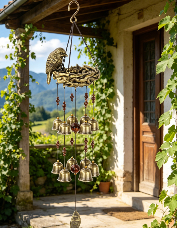 Bird Nest Wind Chime, 12 Wind Bells, Bronze, for Garden or Church Hanging Decor, Gift for Mother's Love